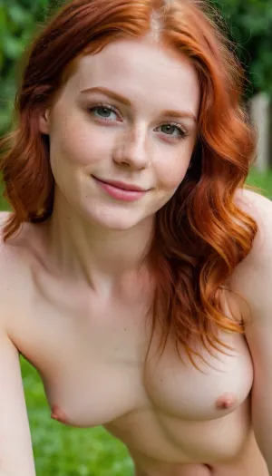 a very close view on face of a beautiful_cheeky girl, red hair, wild girl, Dimples on cheeks, (18 years old:1.1), Naked, full body, In full growth, Beautiful, (Skinny:1.1), touching herself, pussy play, presenting here shaved vagina, (Low height:1.5)