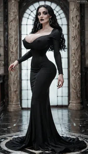 Morticia Addams, 30 years old, extremely long black hair, hair extensions, black lipstick, thick full lips, tight black dress, goth dress, form fitting black dress, super waist, massive cleavage, erect nipples, bubble butt, full body view, ankle-length hair, super long hair, luscious hair, straight hair