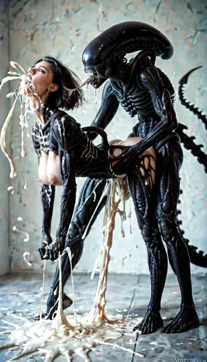a full bodies view, (realistic:1.5), (beautiful sexy woman with alot of excessive cum flowing out of mouth:1.3), on all fours, (violently fucked from behind by a gigantic alien grabbing her hips:1.4), (detailed face and eyes:1), exposed breasts, slender body, black hairbob cut, (large natural breasts), puffy nipples, side view, Xenomorph, <lora:Xenomorph v2:.8>