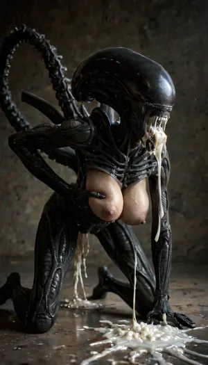 a full bodies view, (realistic:1.5), (beautiful sexy woman with alot of excessive cum flowing out of mouth:1.3), on all fours, (violently fucked from behind by a gigantic alien grabbing her hips:1.4), (detailed face and eyes:1), exposed breasts, slender body, black hairbob cut, (large natural breasts), puffy nipples, side view, Xenomorph, <lora:Xenomorph v2:.8>, <lora:dark:.5>