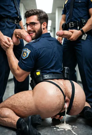 Gay, front far view, a 45 years old beefy muscular gay male, short brown hair and beard, hairy chest, furry ass, furry hairy asshole, beard, very hairy body, glasses, wearing torn cop uniform, ripped open police shirt uniform, torn, worn jockstrap, on all four floor, spread legs, exhibiting his big booty, big round ass, big veiny cock, in police office, flag of U.S.A on background, exhibiting his ass, oiled body, exhib, his co-workers cops grab his ass, grabbing buttcheeks, policemzn gays fingering his anus, co-xorkers policemen, looking to camera, looking the visionneuse, holding cocks in hands, wank, co-worker cop kneeling, licking his asshole, lick, dumb gooner face, gooner, tongue in asshole, ass fingering, rolling eyes, gun and police baton belt, cum on lips, smiling face, cum, semen, crowd lined up, crowd people arround, exhib in public, full lenght view, far top view, horny gay. Gay gang bang.