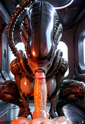 xenomorph, tail, xenowaifu, naked, glossy black skin, chitinous skin, shiny skin, glossy skin, alien spaceship, in space, crouching, black bimbo lips, mouth open, sharp black teeth, full body shot, Xenomorph, bl0j0, blowjob, pov, penis, <lora:female_xenomorph_sdxl_V2:1.3>, <lora:Xenomorph v2:.6>, <lora:bl0j0:.3>