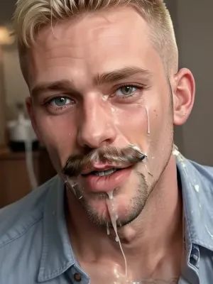 Model, Mature, mustache, blonde, short blond hair, scandinavian blue collar worker, blue overall, oil stains, worker
Picture, upper body, bokeh, hyper realistic, photo realistic, photorealistic
Situation, smiling, proud, habby cum on beard, presenting cum drenched face, cum on forehead, cum on lips, cum stained overall, shirt with cum stains, cum on face, received facial, moustache cum, cum, on, chin, face, excessive, drip, mouth, lips, eyes, <lora:MaleBukkakeLora:.5>