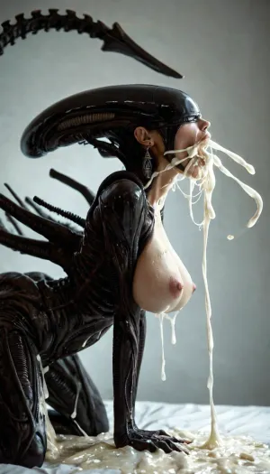 (realistic:1.5), (beautiful sexy woman with alot of excessive cum flowing out of mouth:1.3), on all fours, (violently fucked from behind by a gigantic alien grabbing her hips:1.4), (detailed face and eyes:1), exposed breasts, slender body, black hairbob cut, (large natural breasts), puffy nipples, side view, Xenomorph, <lora:Xenomorph v2:.8>