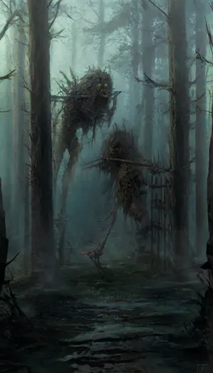** Description for the image generator, ** A girl in a tattered medieval tunic of coarse linen, with frayed edges and traces of dirt, stands in an iron cage that resembles an animal enclosure. Her hair is disheveled, her eyes are fearfully defiant, and her fingers are gripping the bars as if she's trying to defend herself. The cage is surrounded by a misty forest thicket, rusty spikes on the bars and shadows from the branches add to the sense of confinement. There are two hunters around, men in worn leather armor, daggers on their belts and crossbows on their backs. Their postures are aggressive — one is leaning toward the cage, grinning, his hand reaching for the lock, the other is half-turned, eyeing the captive with carnivorous interest. The hunters ' faces are a mixture of cruelty and lustful curiosity, narrowed eyes, stiff neck muscles, greasy grins. **Details to draw, **, **Textures, ** focus on the frayed fabric of the tunic, the gleam of the metal of the cage, the roughness of the tree bark in the background., **Lighting, ** the dim moonlight filtering through the fog creates sharp shadows on the hunters ' faces and glare on their weapons., **Emotions, ** fear and resistance in the girl's eyes, contrasting with the predatory passion of men., **Environment details, ** moss on the ground, broken branches underfoot, cobwebs in the corners of the cage. — * * Colors, ** a muted palette, (gray-green tones of the forest, dark brown leather of armor), with an emphasis on the pallor of the girl's skin and bloody reflections on metal. — * * Composition, ** a bottom view that highlights the threatening position of the hunters, a light haze for an atmosphere of alarm. **Technical instructions, ** Use ultra-detailed rendering for the characters ' faces and hands, 8K texture resolution for rendering small elements, (such as scratches on bars), and dynamic lighting with soft shadows. Add a motion blur to the background to focus your attention on the cell. * Restriction, The description does not contain explicit scenes of violence, but implies a tense atmosphere.*, NightScapes, fantasy, <lora:add-detail-xl:.5>, <lora:NightScapes_XL14:1.4>, <lora:lora-000009:.6>, scaled, humanoid, <lora:scaled-humanoid:.5>