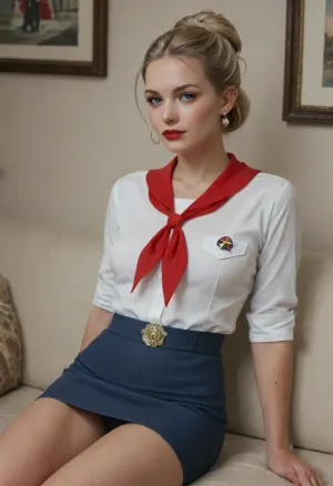 1/2 body view, soviet mature woman, ((completely clothing)), ((in soviet uniform)), (slim body), ((blonde updo haircut)), 40 years old, perfect face, blue eyes, makeup, red lipstick, sitting on sofa, microskirt, extremely, short, <lora:MicroSkirt_XL:.5>, <lora:580159_training_data:.5>, pionyrs, shirt, neckerchief, skirt, sash, badge, <lora:pionyrka:.5>