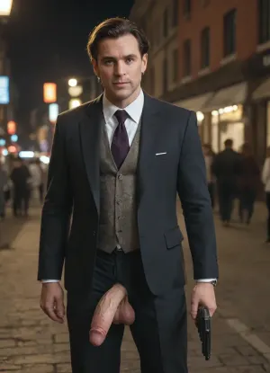 Cinematic Film stock footage in, (arri alexa style), Kodak film print, James Bond 007 a man in a black jacket holding a gun Cinematic Film Style, mature, masculine, wearing suit, elegant, standing in front of motor cycle on a public place at night, hairy, pants down, big cock, uncut dick, huge testicles, <lora:Cinematic Film:1>