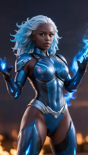 head to toe image of an ebony darkskin android girl black and blue metallic full body armor with very extremly long curly white and blue hair waving in the wind, 1 hand raised and lightning from that hand going up, seen from the 3/4 side, luminescent bright purple eyes, (((bright blue fire and flames background))), (((at night))), <lora:220437_training_data:.5>, <lora:Venus_Body_Alpha:.5>