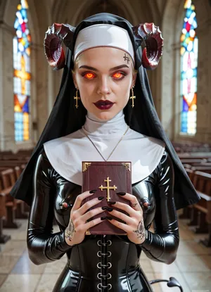 (evil, demon creature), succubus, accurate hands and face, (face), (holding bible), long fingers, manicure, devil horns and tail, (nun, habit, latex corset and pierced nipples), tattoos, really big glowing eyes, highly detailed