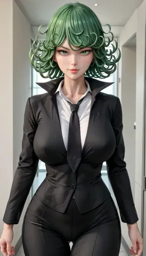photorealistic, Tatsumaki, character from the One Punch Man, (tatsumaki from the one punch man:1.2), best quality, afterglow, 4k, ((masterpiece)), extremely detailed, 8k, trending on ArtStation, Intricate, High Detail, Sharp focus, curvy, 1girl, (beautiful face, perfect eyes:1.2), (milf:1.2), (busty and curvy1.1), (thick:1.2), (thick thighs), (office background), rating, safe, (huge breasts:1.2), (wide_hips), collarbone, (black suit jacket, white collared shirt, black necktie, black suit pants), solo_focus, sensual, seductive smile, parted_lips, (green hair, bob hair, straight hair, green eyes), lips, looking_at_viewer, standing, ((contrapposto)), 4ng3l, face, <lora:SDXL_BetterFaces-LoRA_v1:.5>, <lora:add-detail-xl:.5>, <lora:detailed_notrigger:.5>