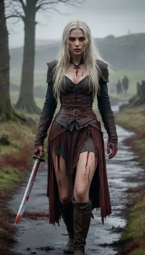 The lone vampiress: a foggy morning on the scottish battlefield - a photorealistic masterpiece