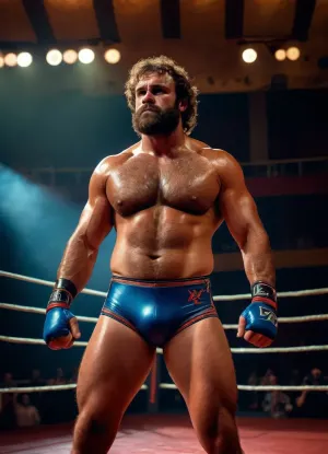 full body photo of a hot sweaty hairy wrestler with a big bulge, <lora:MJ52_v2.0:1>