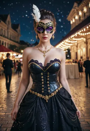 A beautiful courtesan at a mask festival in Venice, at night, wearing an elaborate and ornate mask with intricate gold filigree and feather design, luxurious dress of deep purple and black velvet, adorned with sparkling gold embroidery. black corset of lace and leather, starry night on the canals of Venice
