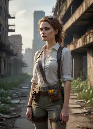 `Post-apocalyptic landscape where nature reclaimed the earth, crumbling skyscrapers entwined with ivy, fractured highways swallowed by wildflowers, skeletal bridges draped in moss, twilight sky streaked with amber and steel-gray clouds, a lone woman in lightweight steampunk-inspired attire—loose linen shirt with brass button details, leather suspenders adorned with copper gears, patched canvas trousers tucked into scuffed boots—wanders toward a distant ruined cityscape of collapsed towers and rusted iron frameworks, her clothing weathered and stained with soot, goggles perched on her forehead, a makeshift backpack holding scavenged tools, eerie silence broken by rustling leaves and distant echoes of crumbling structures, 8k resolution, hyperrealistic textures, (crumbling concrete, dewy petals, oxidized metal), cinematic HDR lighting blending golden-hour warmth with cold shadows, anti-aliasing, depth of field focusing on her sunlit profile and the decaying urban horizon, ray-traced mist weaving through skeletal buildings, lossless PNG format, no pixelation.`
