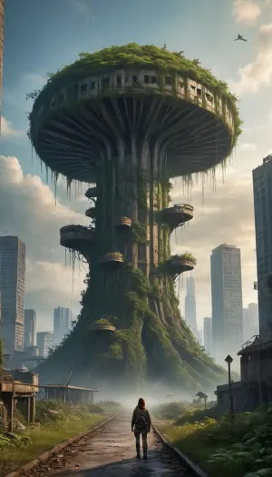 ** Bird's eye view of a post-apocalyptic metropolis, ** The vast jungle of concrete and steel are absorbed by nature, skyscrapers with collapsed buildings and rusty beams turned into vertical gardens, where giant ferns and vines entangle the cracks in the walls, waterfalls moss dripping down twisted elevators, roofs are hidden under the canopy of oak trees and a glowing mushrooms, the roots of which break the motorway at the pieces of asphalt littered with the rusted hulks of cars, collapsed bridges hanging over the overgrown channels, in the sky the peregrine Falcon hunting a flock of crows circling over the destroyed stadiums where the wild vineyards swallowed stands, sunset breaks through the yellow staining of toxic smog fog in neon-green and blood-orange tones, bioluminescent algae twinkle in the underground rivers of the metro, the cracks in the asphalt rusty rivets feathers in the alleys of the dew drops on the spider web between the antennas of skyscrapers, HDR lighting intensifies the contrast between the warm glare on the skin of a Cheetah and the cool shadows in dungeons, ray tracing creates volumetric fog enveloping the remains of helicopters to runways, girlfriend in slinky black top with metal studs shabby denim shorts and boots with spikes on the edge of a collapsed bridge, her skin covered with scars and pollen mushrooms long matted hair with neon green streaks in the hands of the crossbow is an ivy-covered belt a flask of clear liquid, its shadow falls on the wall of the destroyed Museum, where graffiti mixed with moss chain with amulet in the form of the skull hanging in the wind, reflecting the rays of the setting sun, a giant baobab tree grows through the dome of the planetarium his snake-like roots entwine abandoned telescopes background dissolves into the mist with ash 8K detail saved in lossless PNG for ultradata from the scales of the pythons on the ruins of the monuments to the ice crystals in the underground vaults of the permafrost, nature rewrote the DNA of the metropolis, turning it into a symbiosis of Apocalypse and rebirth where even the person became a part of the ecosystem is fragile and deadly beautiful.
