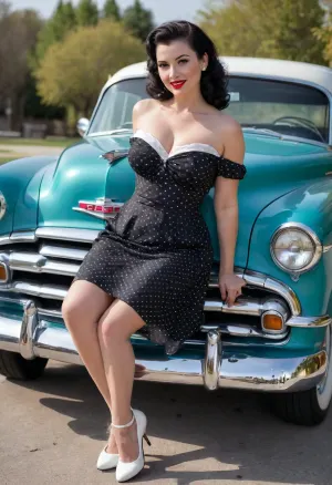 Shooting photo, in front of 1954 Chevrolet Bel-Air, pin-up style, beautifull american woman, 36yo, 5'4", curby body, 155ibs, 34F, big breast, long black hairs, smiling, pin-up polka dot dress, white pantyhose