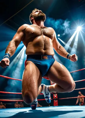 full body photo of a stocky sweaty hairy wrestler with a big bulge, in jock straps, jock straps, light sneakers, underwear, slip, jocks, jumping, jump, leap, levitating, 30 inch above, boxing ring, floating in the air, levitate, flying, float in the air, up in the air, above the ground, hairy chest, hairy, furry, sweat, steam, fog, dark, spotlight, super trooper, perspective from below, shot from below, <lora:MJ52_v2.0:1>