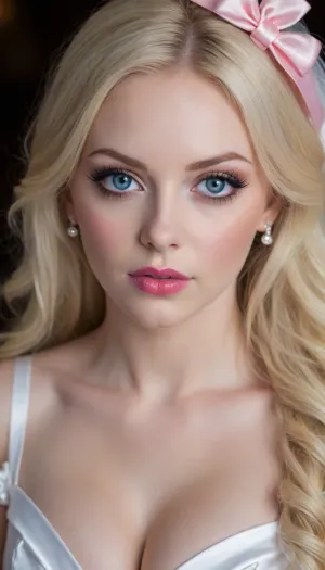 ((Ultimate realistic photo)), ((detailed face)), ((Extremely gorgeous gothic girl Bride)), ((wearing ultra tight wedding dress)), (((pale white skin))), ((extreme cuteness)), ((extreme blonde hair)), ((white ribbon bow in her hair)), (oiled skin), full lips, puffy lips, (red lip gloss), (huge tits), (huge ass), (perky tits), pointy nipples, (big hips), (big thighs), ((pretty pink pussy)), ((bright blue eyes)), eyes open, (hard lighting), (perfect mouth), ((perfect lips))