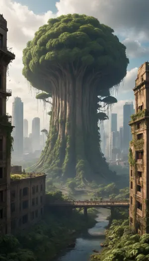 ** Bird's eye view of a post-apocalyptic metropolis, ** Vast jungles of concrete and steel are swallowed up by nature, skyscrapers with * * collapsed facades* * and **rusted beams* * have turned into vertical gardens where * * giant ferns* * and * * creepers * * entangle * * cracks in the walls**, and * * waterfalls of moss * * flow down through the **mangled elevators**. The roofs are hidden under a dense jungle canopy of oaks, palm trees, and glowing mushrooms, whose roots tear the freeways into crumbling slabs dotted with rusty car hulks and leaning streetlights. ** Collapsing bridges * * hang over * * overgrown canals**, where * * brown bears* * drink from * * swamps with water lilies**, and * * herds of antelopes * * roam among * * destroyed billboards* * with * * peeling paint**. In the sky, **swift peregrine falcons * * hunt * * flocks of crows * * circling over * * the remains of stadiums** where * * wild vineyards** have swallowed * * the stands**. ** The setting sun * * breaks through * * toxic yellow smog**, painting** the hazy haze **in * * neon green* * and * * blood orange * * shades, and * * bioluminescent algae * * shimmer in * * underground rivers* * of former subways. **8K detail * * highlights * * cracks in the asphalt**, **peeling paint* * on * * abandoned tanks**, **bird feathers scattered* * on * * alleys**, **dew drops** on **cobwebs* * between * * antennas** skyscrapers, * * rusty rivets* * on * * bridges* * and * * cactus needles * * piercing * * paving slabs**. ** HDR lighting * * enhances the contrast between * * warm highlights* * on * * cheetah skin* * and * * cold shadows* * in * * dungeon pits**, and * * raytracing * * creates * * a three-dimensional fog** that envelops * * helicopter remains* * on * * * runways**. **Focus* * on * * a giant baobab tree * * sprouting through * * the planetarium dome**, its * * snake roots* * entwining * * abandoned telescopes**, and * * the background * * dissolves into * * fog with ash particles**, where * * the silhouettes of cranes** and * * cranes * * resemble * * the skeletons of prehistoric lizards**. ** Lossless PNG format * * saves * * ultra-details**, from * * python scales* * on * * monument debris* * to * * ice crystals* * on * * icy arches* * in** permafrost * * underground storage facilities. Nature didn't just **win** — it **rewrote the DNA of the megalopolis**, turning it into a **symbiosis of apocalypse and rebirth**.