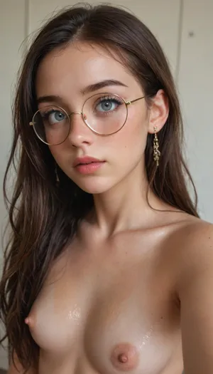 Young girl, big long eyelashes, (light eyes:1.2), (((oiled skin))), (natural daylight), (best pose selfie), rich color palette, masterpiece
small, petite, skinny, small body, slender body, (glasses), ((round glasses)), ((very long hair)), (naked nude:1.4), ((shock)), (freckles body), (blush), <lora:add-detail-xl:.5>, <lora:nwsj_xl_v2:.1>