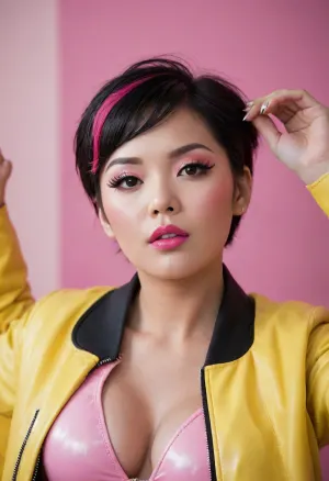 3/4 shot of Jubilee from the X-Men sucking cyclops’ cock, 18 year old, Japanese Korean, young looking, youthful exuberance, short spiky black hair, 5’2”, 120 pounds, a-cup breasts, chocolate colored eyes, big nipples, yellow latex bomber jacket, pink accessories, bright pink flourishes, pink lipstick, pink blush, pink eyeshadow, black eyeliner, long lashes, Asian, short hair, long yellow latex coat