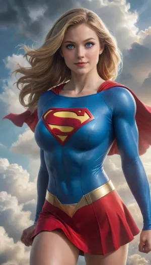masterpiece, best quality, high resolution, hires, solo, close up, upper torso portrait, front, facing viewer, looking at viewer, huge breasts, lithe athletic body, hourglass figure, long hair, wavy hair, sleek golden hair, blue eyes, 19 years old, narrow face, charming smile, shiny blue skin tight long sleeve body suit with wide neck and red cape tucked into neck of suit, (red mini skirt with gold belt), (Superman Symbol on chest), muscular, supergirl, mad-abvthclds, clouds, cloudy, sky, sun, moon, 1girl, <lora:uberfit_lora_sdxl:.5>, <lora:f0f34de2-5e88-48a4-8ef5-e4e6c30adb6d.TA_trained:.5>, <lora:Above_the_Clouds_SDXL:.5>, <lora:PAseer-SDXL-FarOfTheSun:.5>, syds, woman, <lora:SydneySweenyXLDogu:.5>