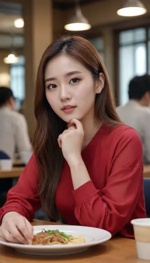 4k, high-res, best quality, (Korean idol), finely detailed skin, smooth face, sharp focus, (cinematic lighting), soft lighting, dynamic angle, [], (detailed face:1.2), 0.3, A young Korean woman sitting, cafeteria, korean foods, korean, skm_hana, skm_jieun, skm_misoo, skm_kimji, skm_seoye, skm_soyun, skm_sooun, skm_yeon