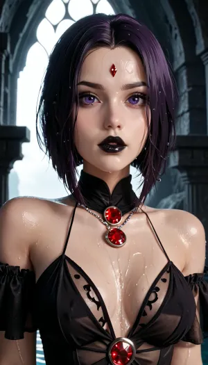 Raven, Titans, DC Comics, 20 years old girl, skin grey, wearing a black see-through loose gothic dress, gothic aesthetic, dark hair, purple irises, big lips, black lipstick, red diamond on forehead, (wet body), in a dark cave