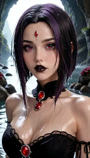 20 years old girl, wearing a black see-through loose gothic dress, Raven photo from Titans, gothic aesthetic, dark hair, purple irises, big lips, black lipstick, red diamond on forehead, (wet body), in a dark cave