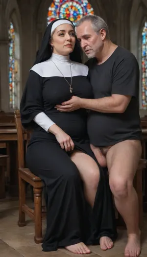 (1 fat old man, in a church, dressed, erection in pants, sitting on a chair), (1 MILF), (MILF nun on the old man's lap), unwilling, shy, frightened look, fat old man, fat cock coming out of his fly., (feeling hairy crotch:1.5), and, ((forcibly pesters milf, lifting her skirt grabs her intimate parts)), (((the milf has a lace blouse and a lace miniskirt on her naked body))), wide ankles, bare feet, body manipulation, divine proportions, random, inexperienced, (((rule of thirds))), high quality, high detail, high resolution, backlight, (long exposure:2), nude, church cathedral stained glass windows