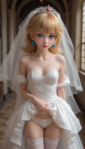 Princess peach, taking wedding dress off, undressing, hair in pony tail, squeezing tits, thigh high white stockings, seductive, wearing a tiara, cute, big anime eyes, pink lipstick, blush