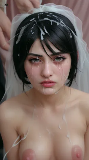 cumshot on black sleek hair of Bride, sad face, focus on hair, Crying, Iranian Modern slut bride, CUm on hair, cumshot on hair, realistic, HD, 8K, real photo, with sony camera, the slut bride, cumhair, cumshot, At the wedding among all the guests, sad, expression, <lora:Cumhair_SD15_V1:1.1>, <lora:detailed_eye-10:.8>, <lora:sad_v1:.2>