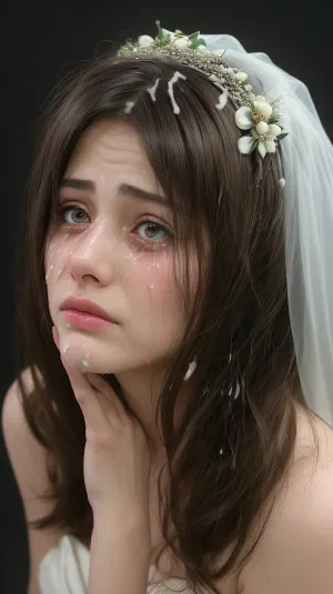 Profesional portrait photography of a bide, in photography studio, professional lighting, cumshot on brunette sleek hair of Bride, sad face, focus on hair, Crying, Iranian Modern slut bride, CUm on hair, cumshot on hair, realistic, HD, 8K, real photo, with sony camera, the slut bride, cumhair, cumshot, At the wedding among all the guests, sad, expression, <lora:Cumhair_SD15_V1:.9>, <lora:detailed_eye-10:.7>, <lora:sad_v1:.2>