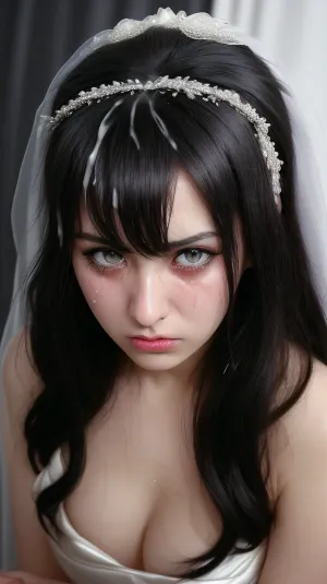 Professional head and shoulders portrait photography of a bride, in the photography studio, professional lighting, cumshot on black sleek hair of Bride, sad face, focus on hair, Crying, Iranian Modern slut bride, CUm on hair, cumshot on hair, realistic, HD, 8K, real photo, with Sony camera, the slut bride, cum hair, cumshot, At the wedding among all the guests, sad, expression, <lora:Cumhair_SD15_V1:1.1>, <lora:detailed_eye-10:.7>, <lora:sad_v1:.3>