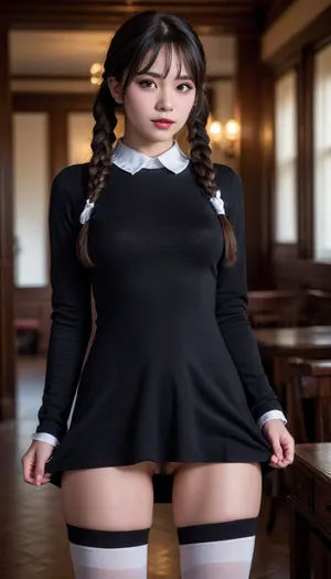 full body portrait, (inuit girl), face forward, black pubic hair, (raven black hair color, twin braids pigtails, bangs), serious expression, looking at viewer, ((wearing long-sleeved black crew neck dress with a white collar, black thigh high socks, mary jane shoes)), standing, skinny, petite body, midnight, eerie vibes, creepy mansion, brick, vines, field, fog, mysterious, BREAK, (8k, RAW photo, best quality, masterpiece:1.2), (realistic, photo realistic:1.3), UHD, high detail RAW color photo, sharp focus, (real skin), perfect anatomy, slender, perfectly detailed face and eyes, (cinematic lighting), (moist eyes, moist lips), skirtlift, <lora:skirtlift_xl:.5>