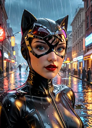 Catwoman, dc comics, raining day, gotham streets, 3/4 body view