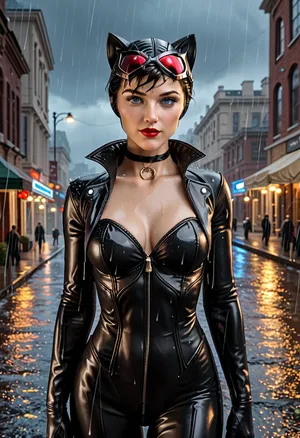 Catwoman, dc comics, raining day, gotham streets, 3/4 body view