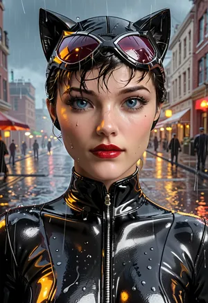 Catwoman, dc comics, raining day, gotham streets, black latex catsuit, 3/4 body view