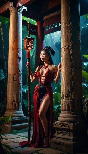 photorealistic image, 8K quality, magical jungle, night, everything around glows in different colors, a stone pillar, a beautiful Chinese witch is tied to the pillar, an ancient Chinese vampire drinks her blood from a bitten tit, full body in frame