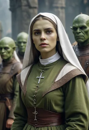 A young nun, 18, and burly, green-skinned orc warriors