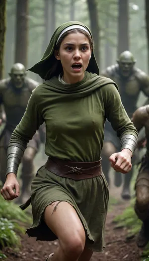 A young nun, 18, and hefty, green-skinned warriors, strong, muscular, a girl is running to escape from orcs through a dense forest, clothes on her back are torn, skirt is torn to the waist, side view