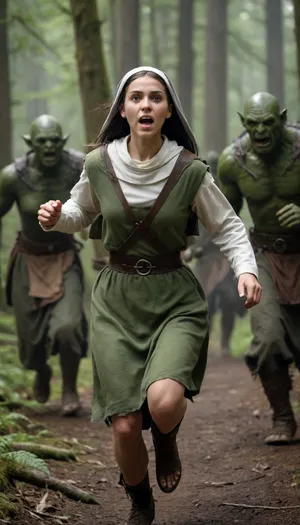 A young nun, 18, and hefty, green-skinned warriors, strong, muscular, a girl is running to escape from orcs through a dense forest, clothes on her back are torn, skirt is torn to the waist, side view