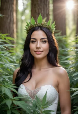 24 year old woman, average frame, beautiful face, goddess, long luscious black hair, big brown eyes, average breasts, ((beautiful large crown made of buds and leaves)), long flowing and shimmering white dress, fully clothed, standing in a thick fantasy marijuana forest, golden sunlight peeking through trees, marijuana plants, smile, <lora:marijuana-style-darquelilly-v1:.5>, marijuanastyle, GANnabis, bud, flower, cannabis, marijuana, leaves, plants, indoor, outdoor, close, up, macrophotography, resin, glands, <lora:GANnabis-000009:.5>