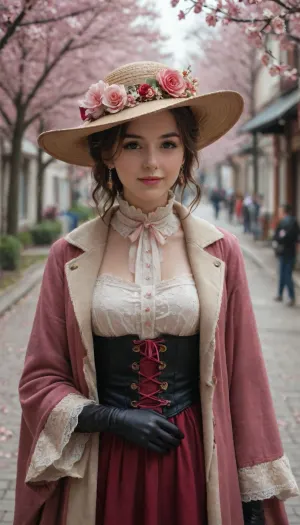 A tall, exquisitely elegant woman of the Victorian era, dressed in a very long fitted peach-colored coat with a high collar, leather gloves and a wide-brimmed hat. She is strolling along cherry blossom Street in spring Tokyo, bathed in soft diffused light that creates a steampunk atmosphere. Cherry blossoms, The atmosphere of spring, joy, happiness, kindness, a masterpiece composition