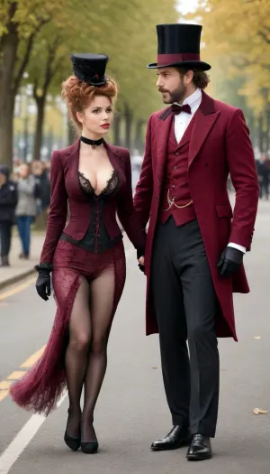 Victorian era, boulevard, passers-by in suits, a beautiful busty woman in a burgundy Victorian riding costume, no bottom, no panties, a black hat with a veil on her head, stands on the boulevard with her knees wide apart, she pees, a man in a Victorian suit who passed by raised his hat, greeting a woman, ((very hairy natural pussy:1.5)), neckline, clothes