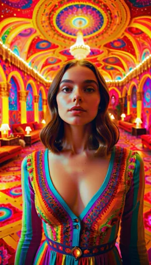 cute virgin in a massive psychedelic room