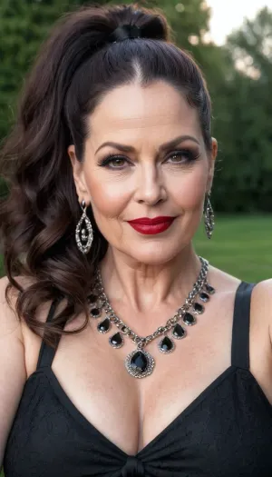 sexy mature, sexy 50 years old, dark brunette hair, long wave hair, ponytail, glamour, red lipstick, gothic make up, outside, black eyes, big hoop earrings, necklace, very chubby, selfie, cute shy smile face