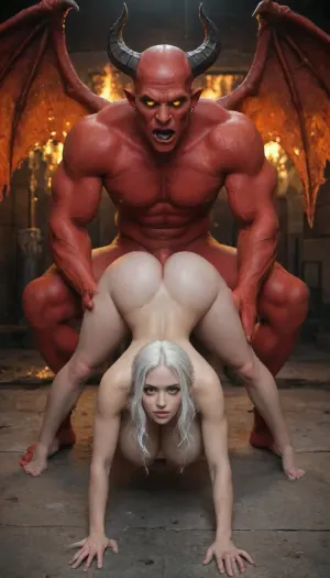 Two persons, darkness and flames in the environment, (Male devil, nude, full body, (massive, hardly erect penis), red skin, horns, (orange, glowing eyes)), (female angel, nude, full body, massive breasts, white skin, wings spread), (his penis penetrates her vagina deeply from behind, doggy style, on all fours), view from behind