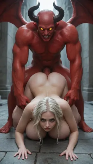 Two persons, darkness and flames in the environment, (Male devil, nude, full body, (massive, hardly erect penis), red skin, horns, (orange, glowing eyes)), (female angel, nude, full body, massive breasts, white skin, wings spread), (his penis penetrates her vagina deeply from behind, doggy style, on all fours), view from behind