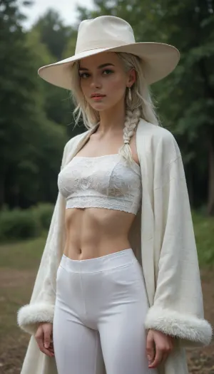 An 18-year-old, very fit, very athletic, slender, white woman with blue eyes, wearing a tall white hat, a white fur cape, tight white trousers and a white bandage on her chest, with short white hair braided